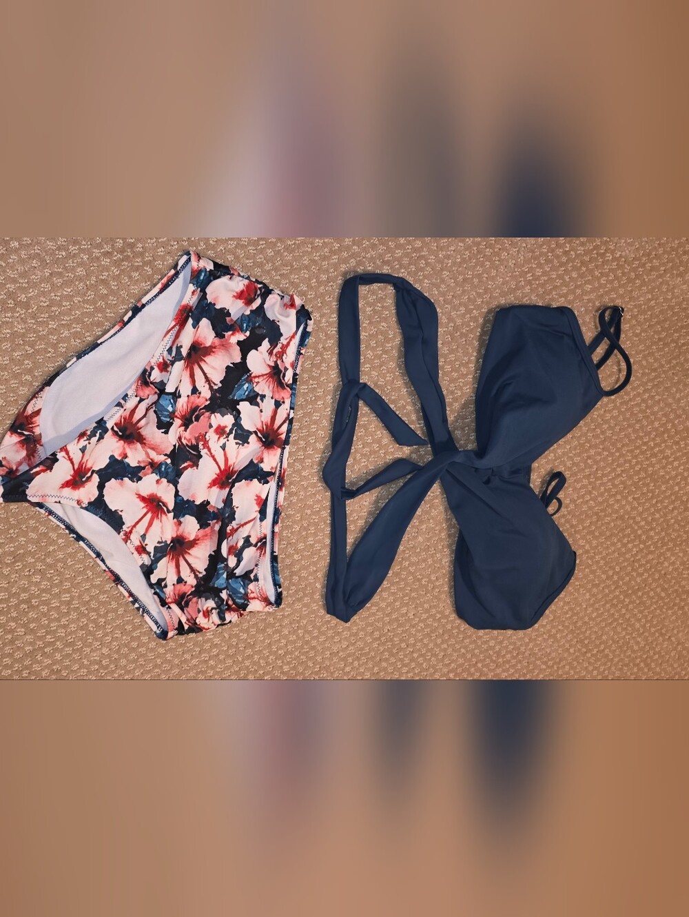 Source Unknown Navy Bikini Top with Pink Floral High-Waist Bottom